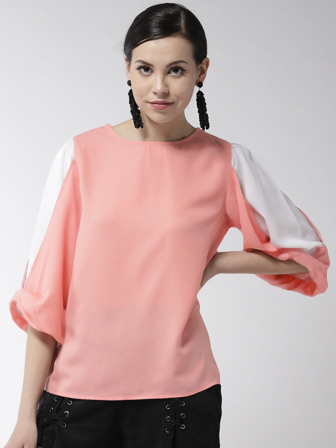 Women's Pink and White Drape Sleeve Polyester Top