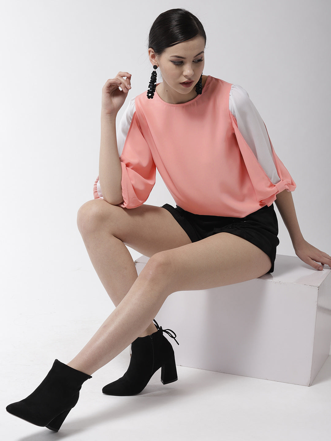 Women's Pink and White Drape Sleeve Polyester Top
