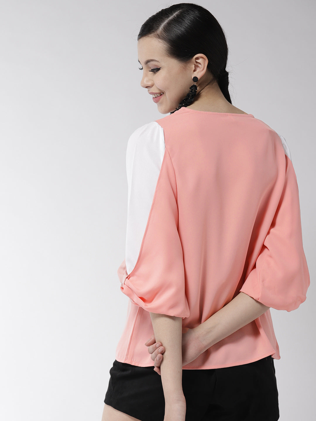 Women's Pink and White Drape Sleeve Polyester Top