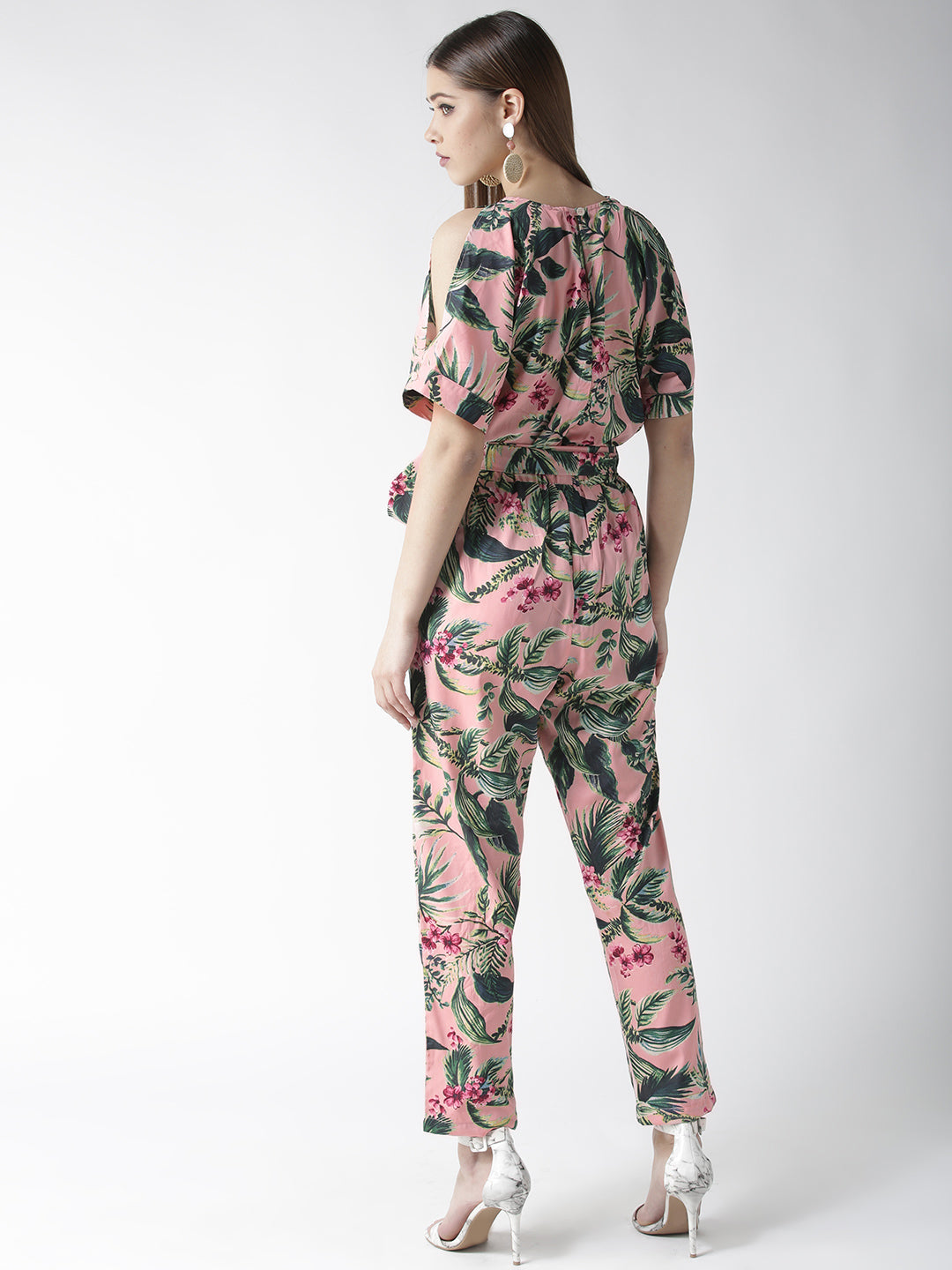 Women's Pink Floral Slit Sleeve Jumpsuit with Belt