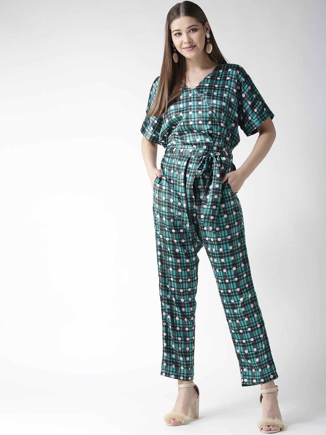 Women's Green Check and Dot Print Satin Jumpsuit