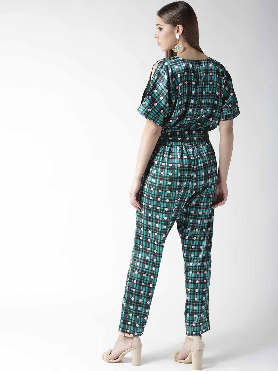 Women's Green Check and Dot Print Satin Jumpsuit