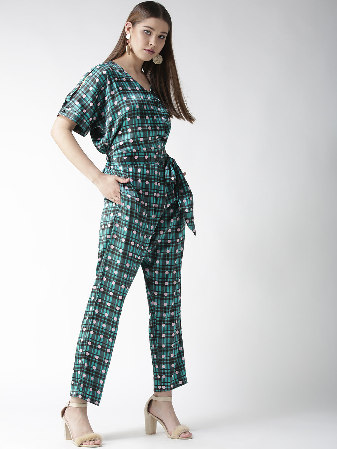 Women's Green Check and Dot Print Satin Jumpsuit