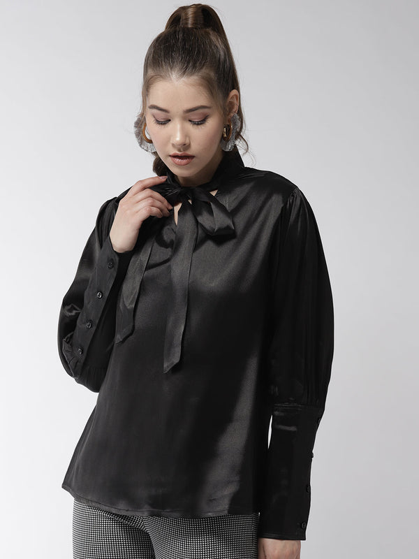 Women's Black Shirt with Long Cuff and attached Necktie