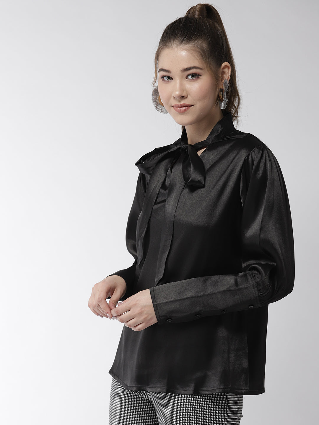 Women's Black Shirt with Long Cuff and attached Necktie