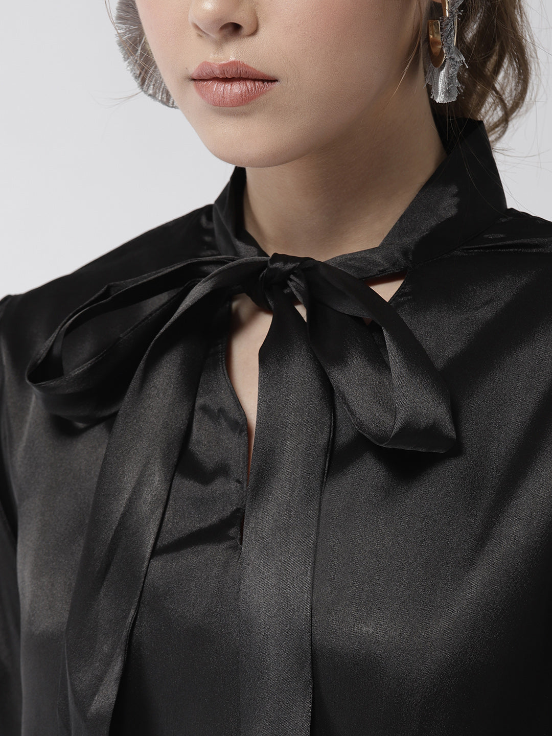 Women's Black Shirt with Long Cuff and attached Necktie