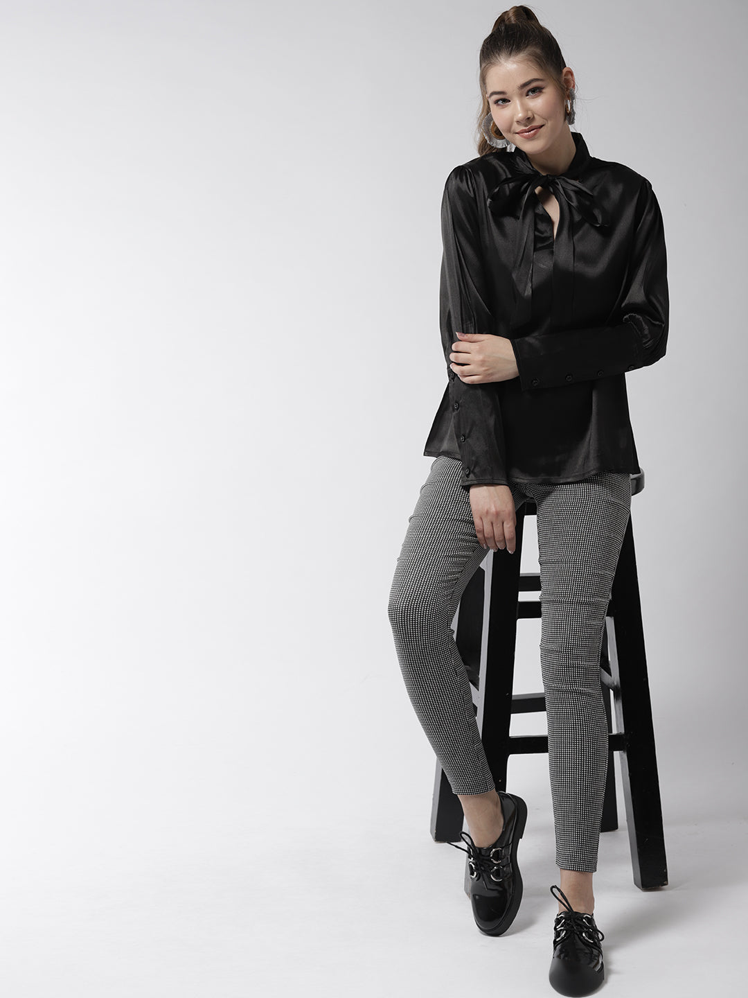 Women's Black Shirt with Long Cuff and attached Necktie