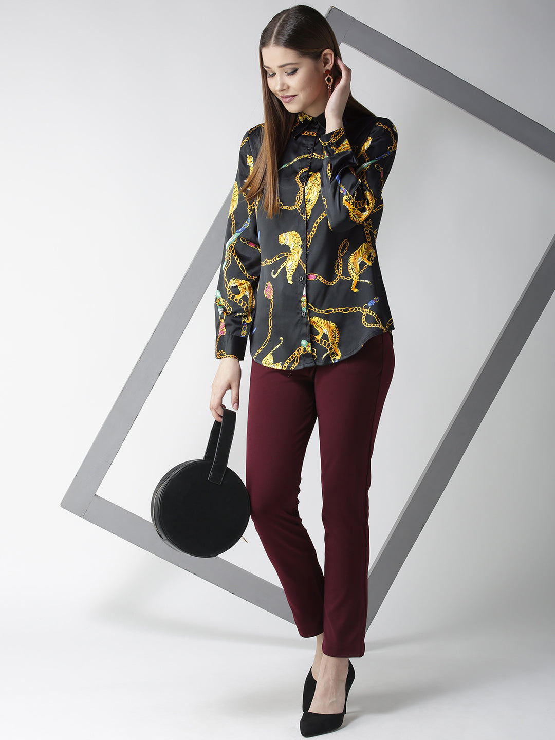 Women's Black and Golden Animal Chain Print Shirt