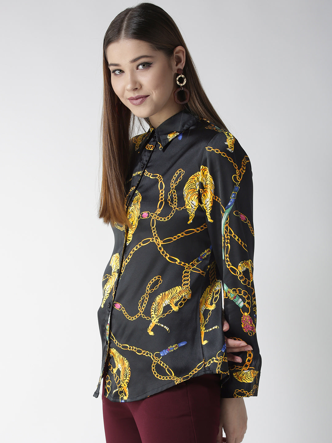 Women's Black and Golden Animal Chain Print Shirt