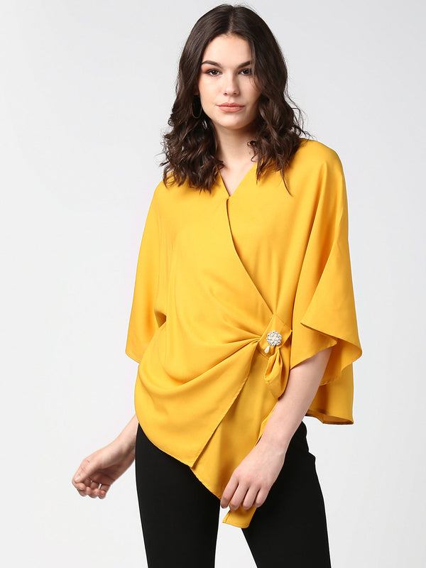 Women's Yellow Side Drape Top with Brooch