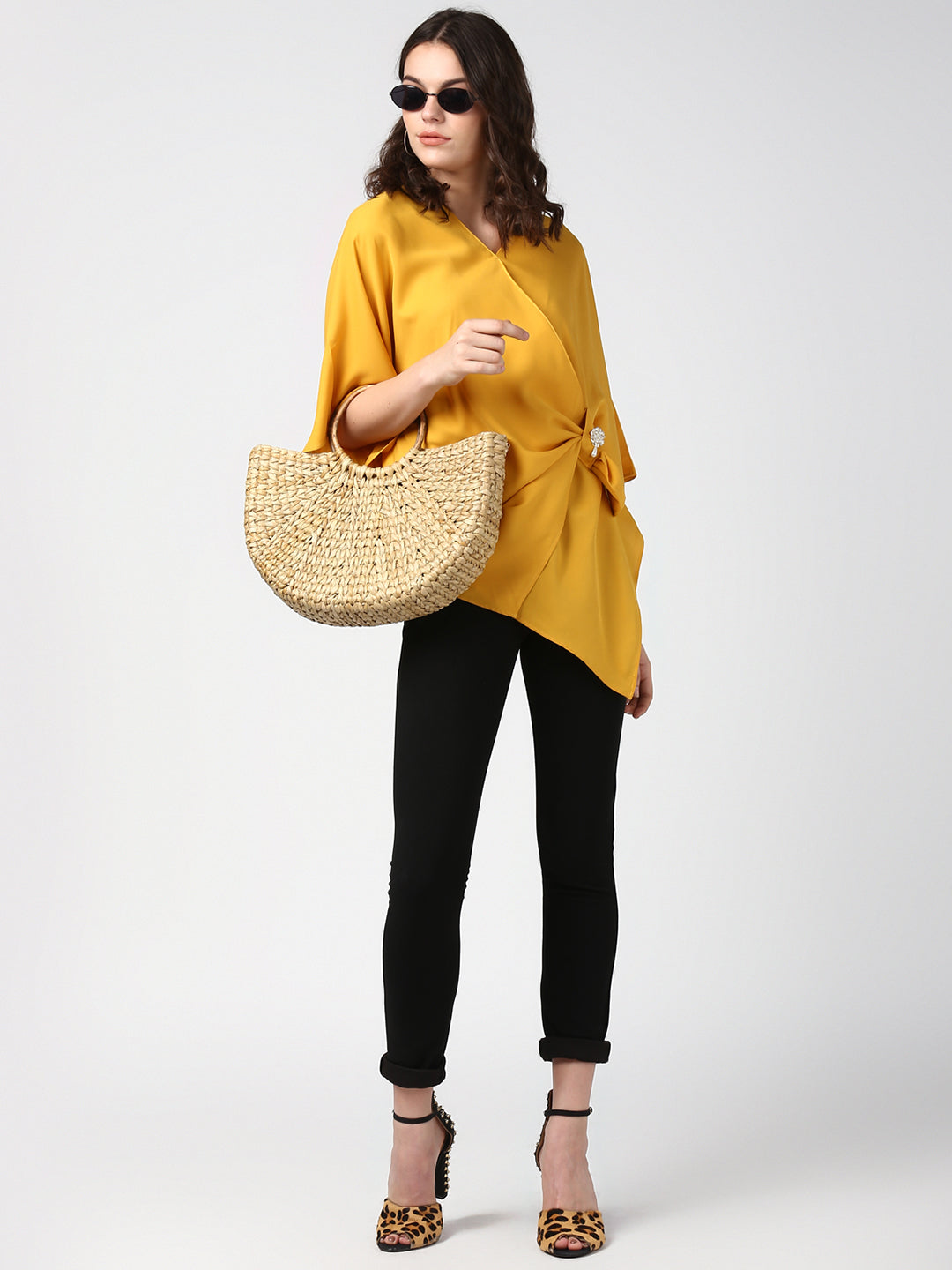 Women's Yellow Side Drape Top with Brooch