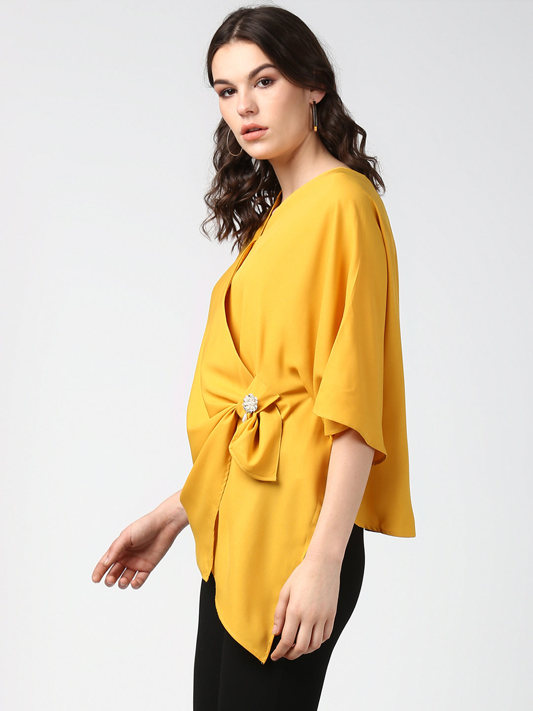 Women's Yellow Side Drape Top with Brooch