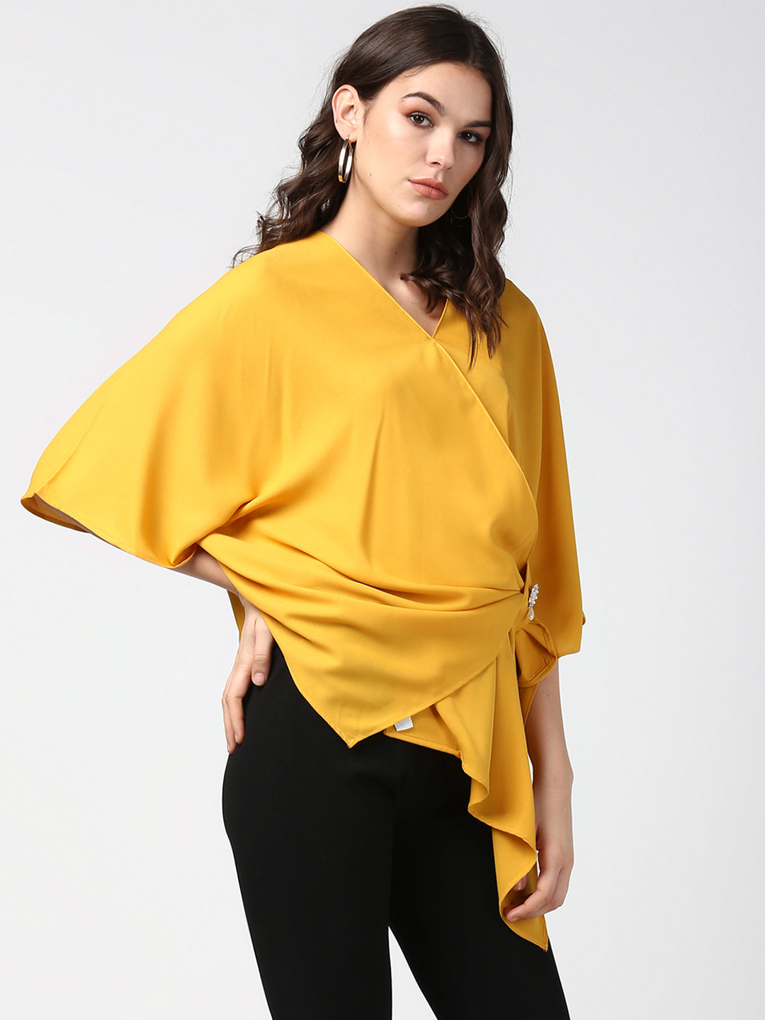 Women's Yellow Side Drape Top with Brooch
