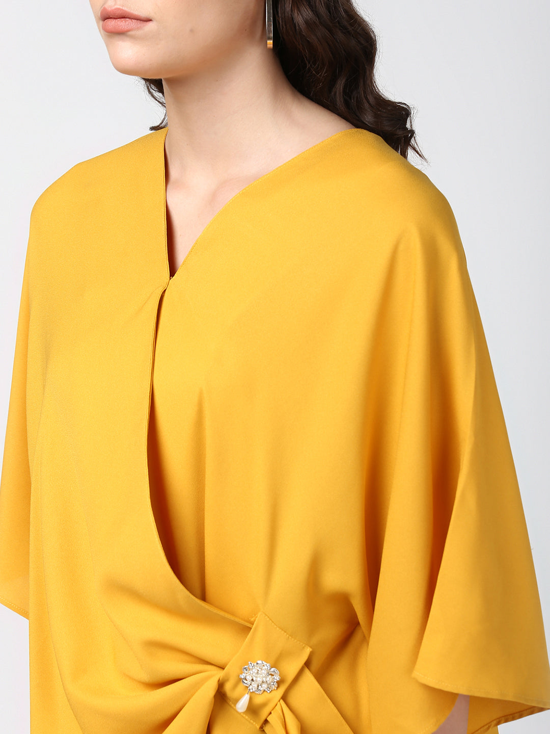 Women's Yellow Side Drape Top with Brooch