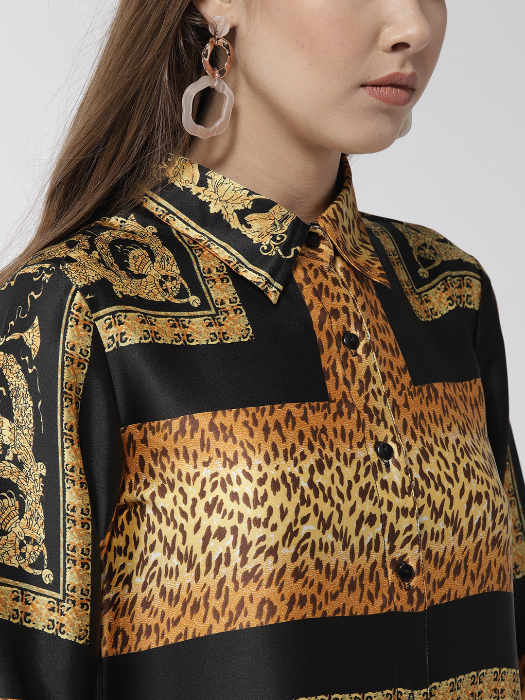 Women's Satin Printed Tiger Print Shirt Dress
