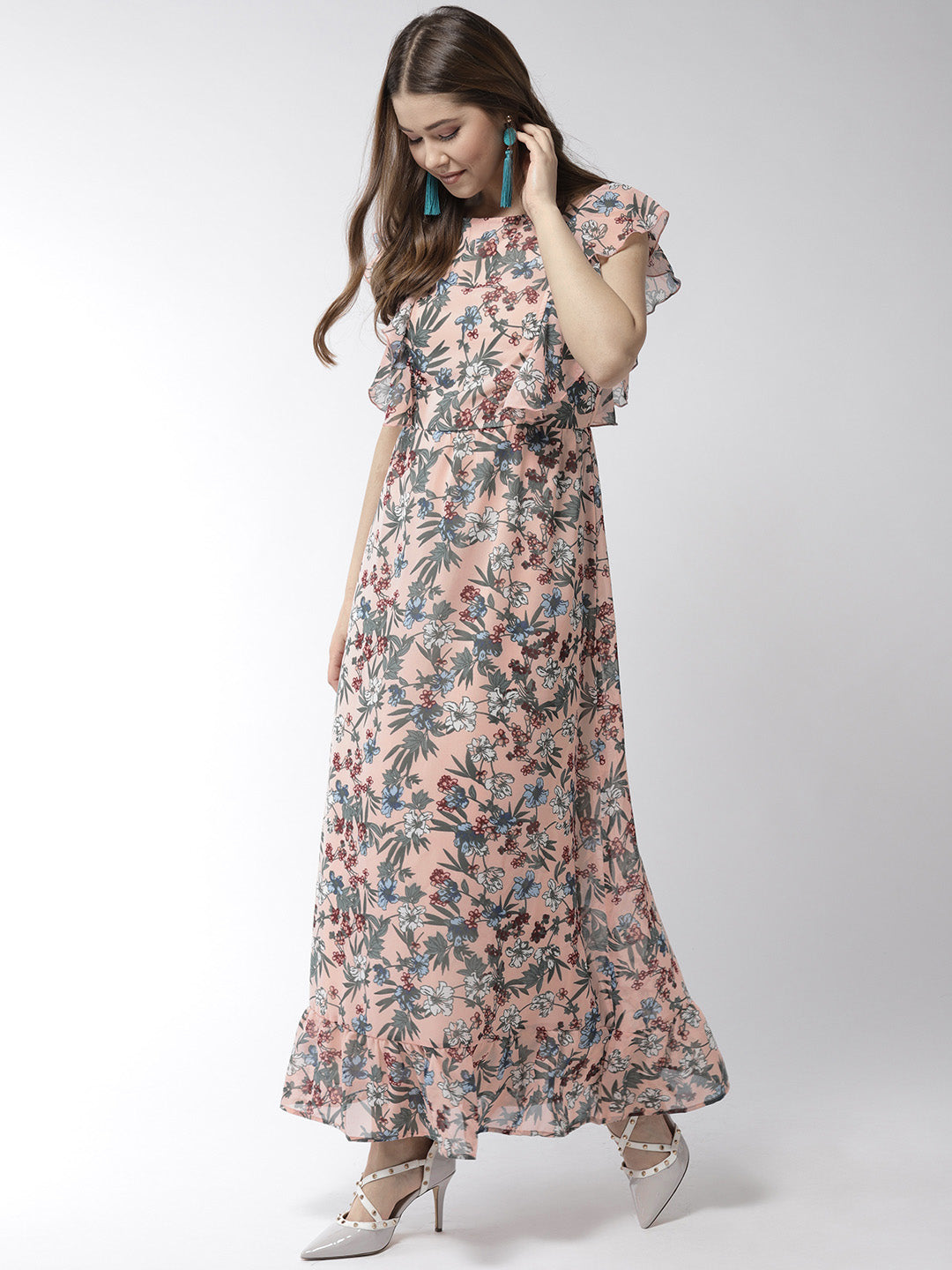 Women's Floral Print Polyester Long Maxi Dress with Lining