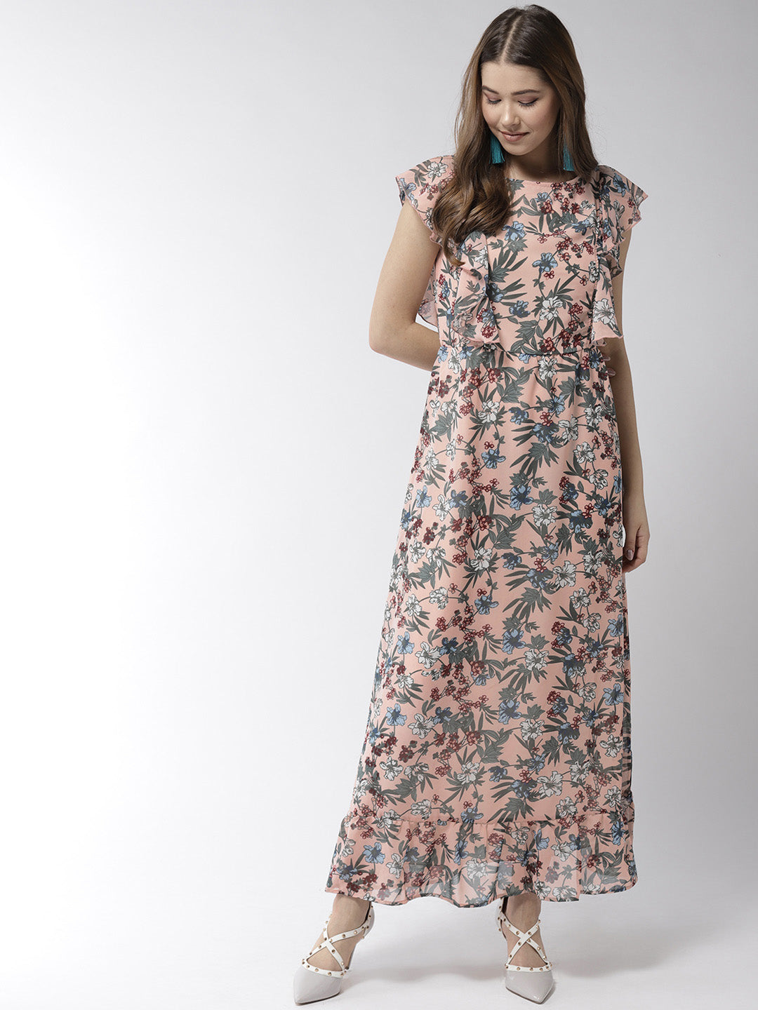 Women's Floral Print Polyester Long Maxi Dress with Lining