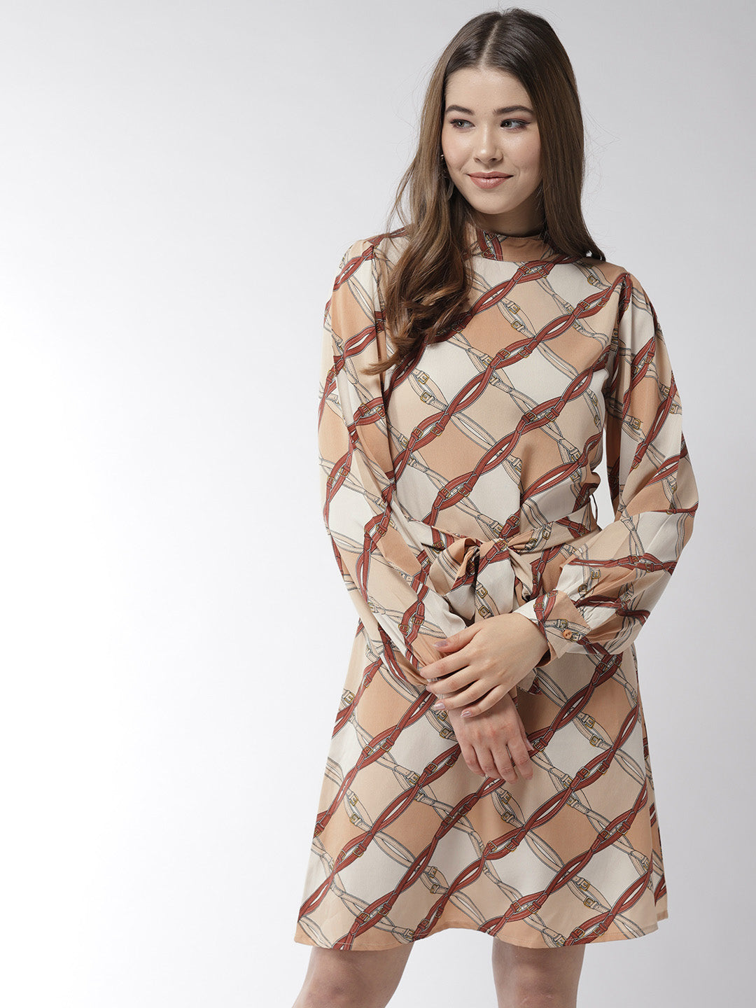 Women's Brown Polyester Belt Print Manderin Collar Dress with belt