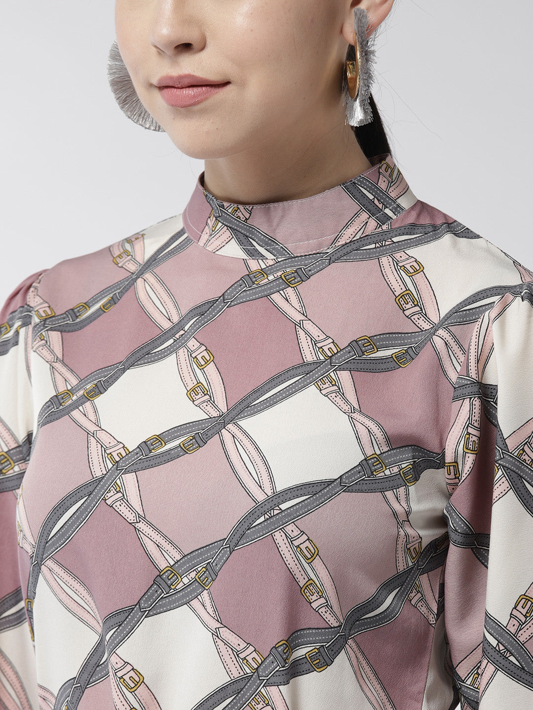 Women's Polyester Lavender Belt Print Manderin Collar Dress with belt