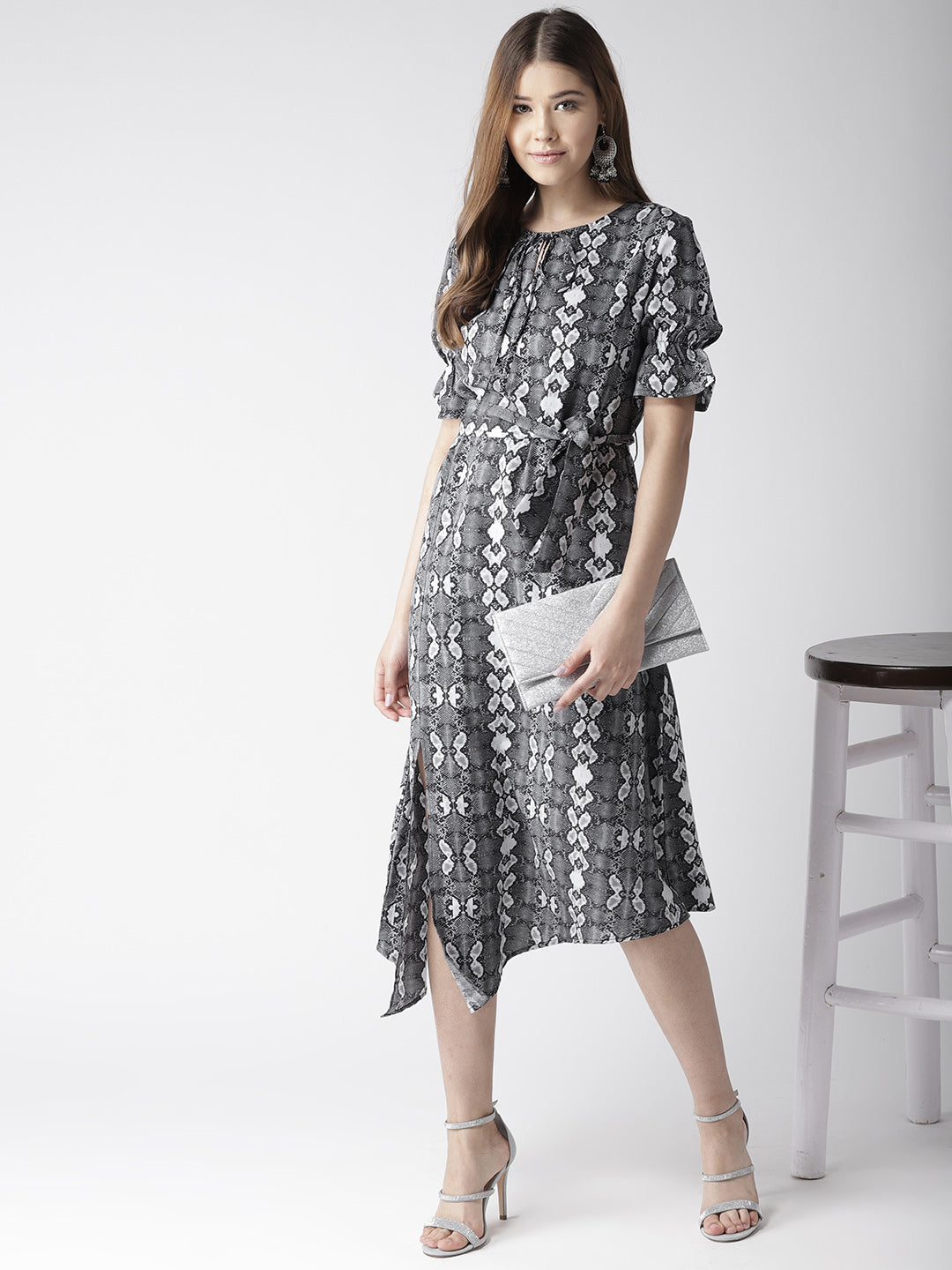 Women's Black and White Snake Print Asymmetric Hemline Dress