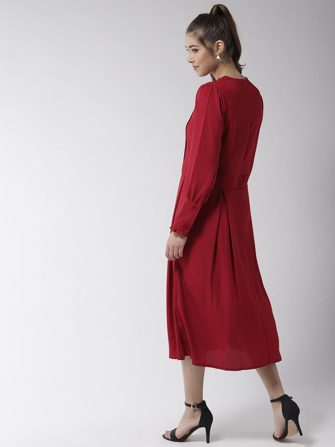 Women's Red Polyester Moss pintuck and pleated Midi dress