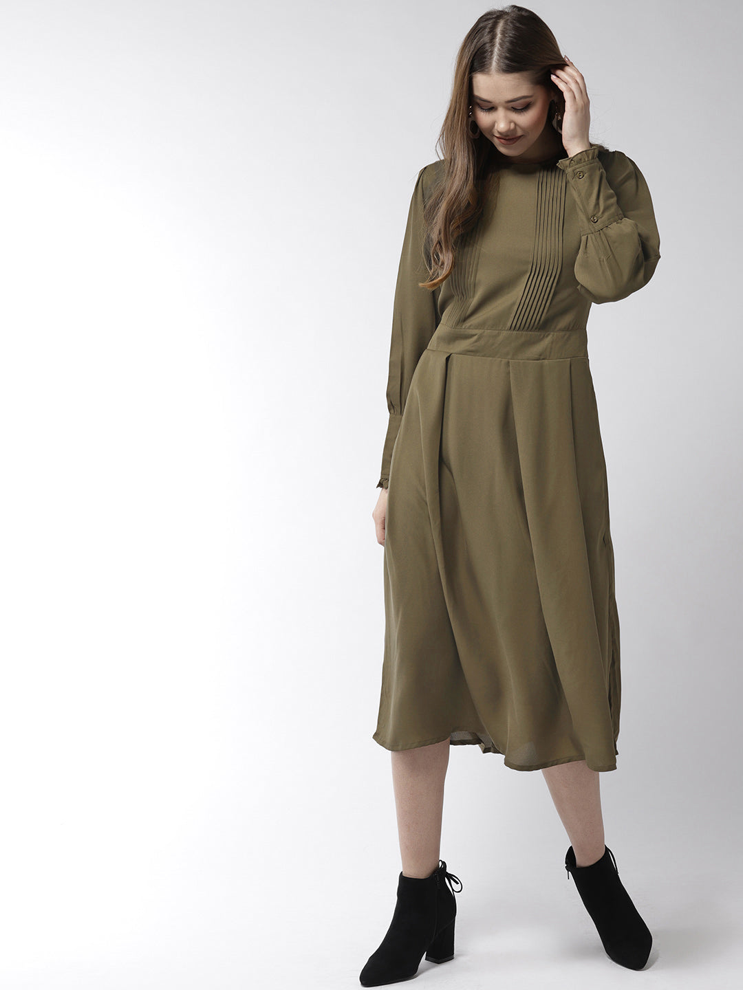 Women's Olive Polyester Moss pintuck and pleated Midi dress