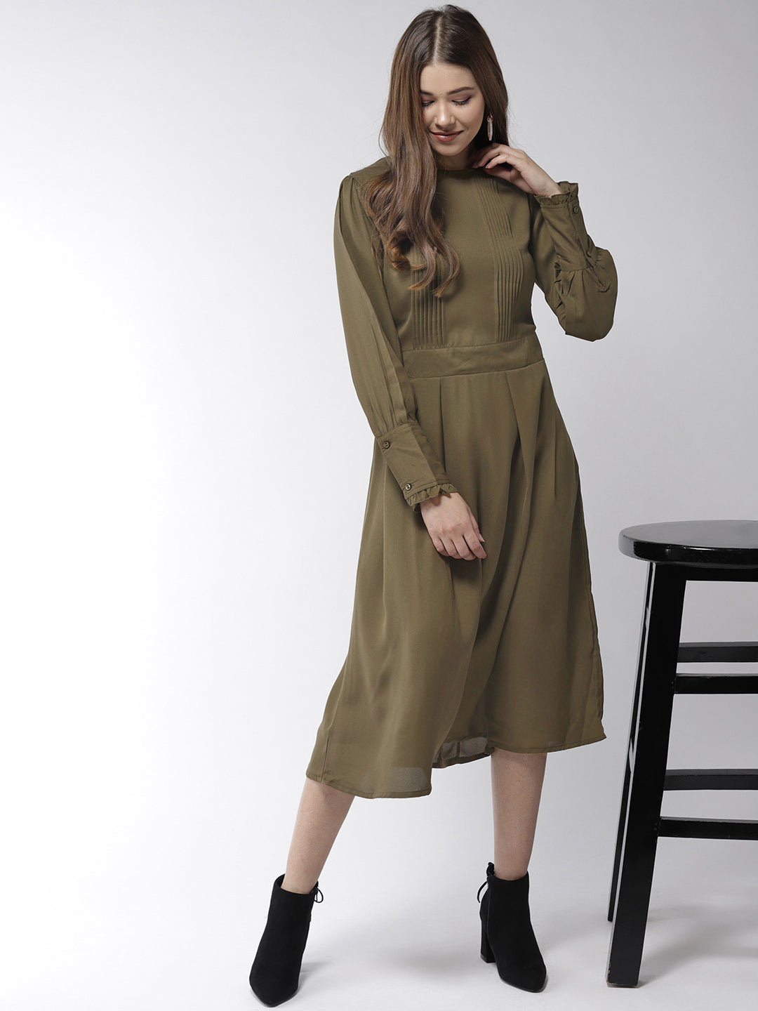 Women's Olive Polyester Moss pintuck and pleated Midi dress