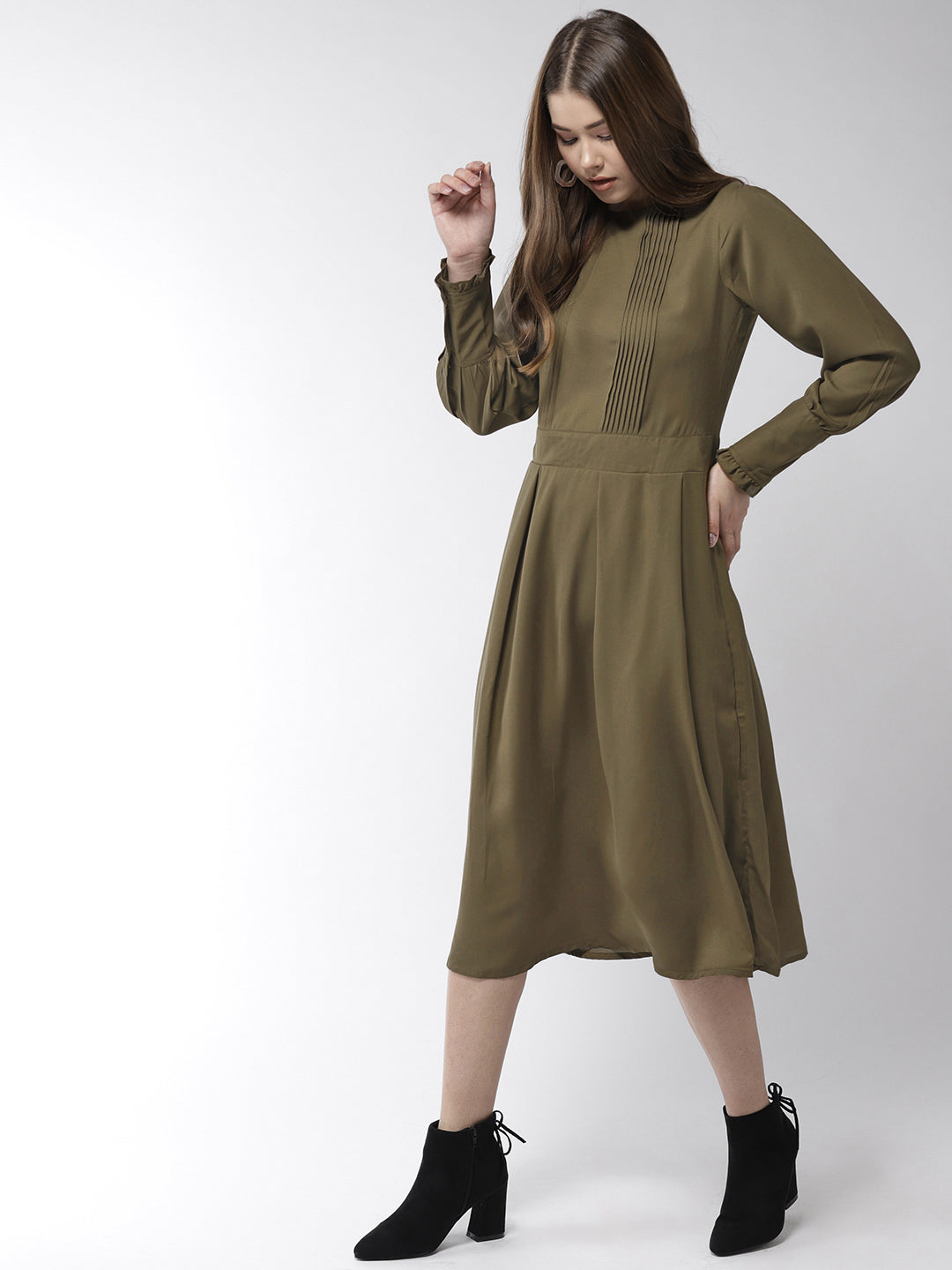 Women's Olive Polyester Moss pintuck and pleated Midi dress