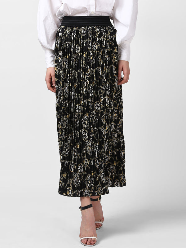 Women's Black Chain Print Pleated Skirt
