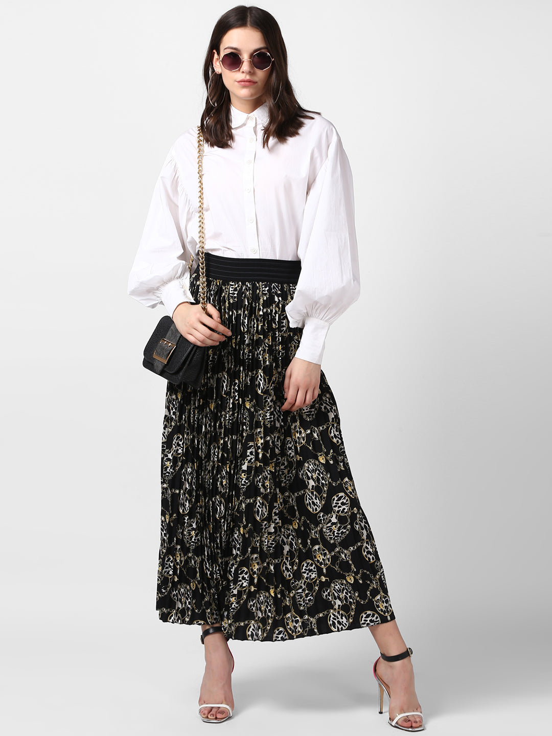 Women's Black Chain Print Pleated Skirt