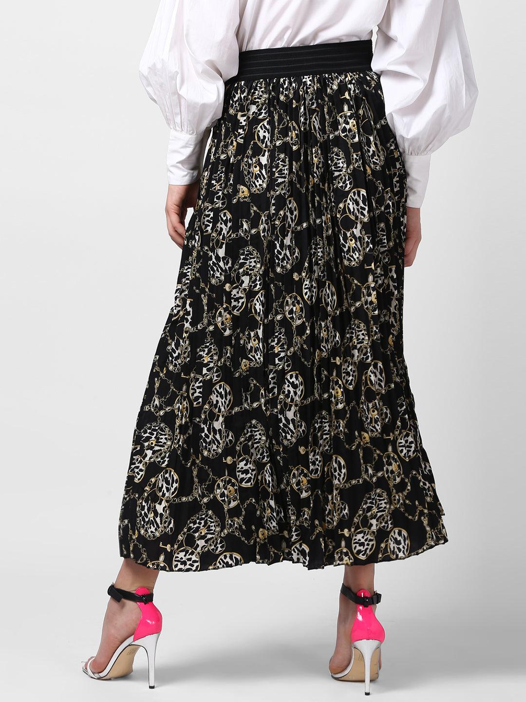 Women's Black Chain Print Pleated Skirt