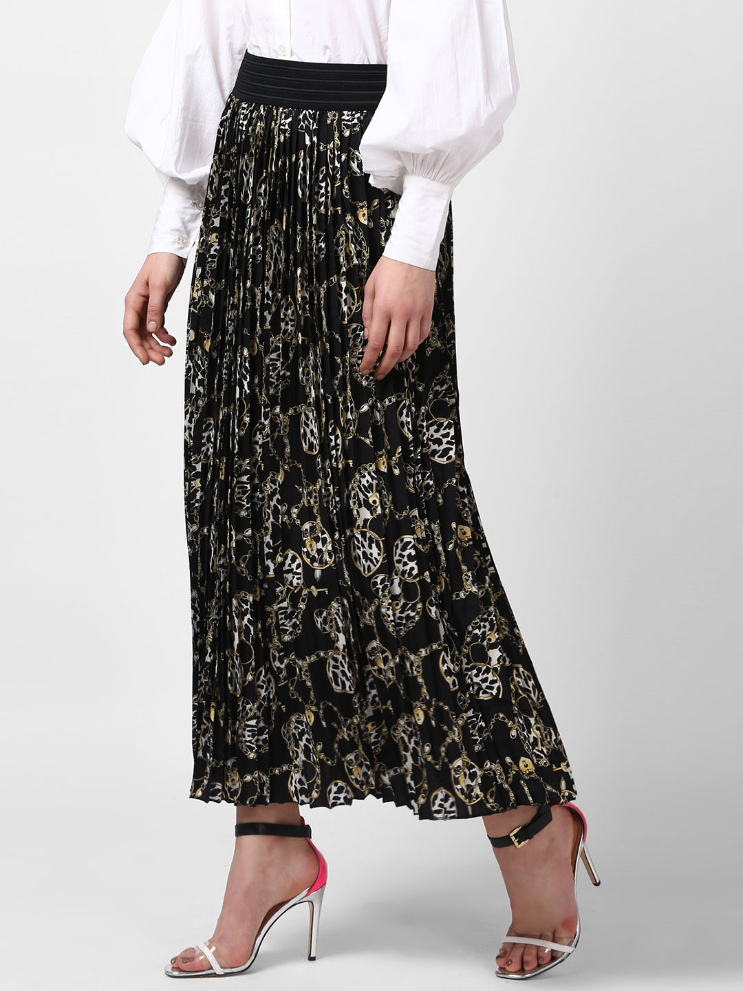 Women's Black Chain Print Pleated Skirt