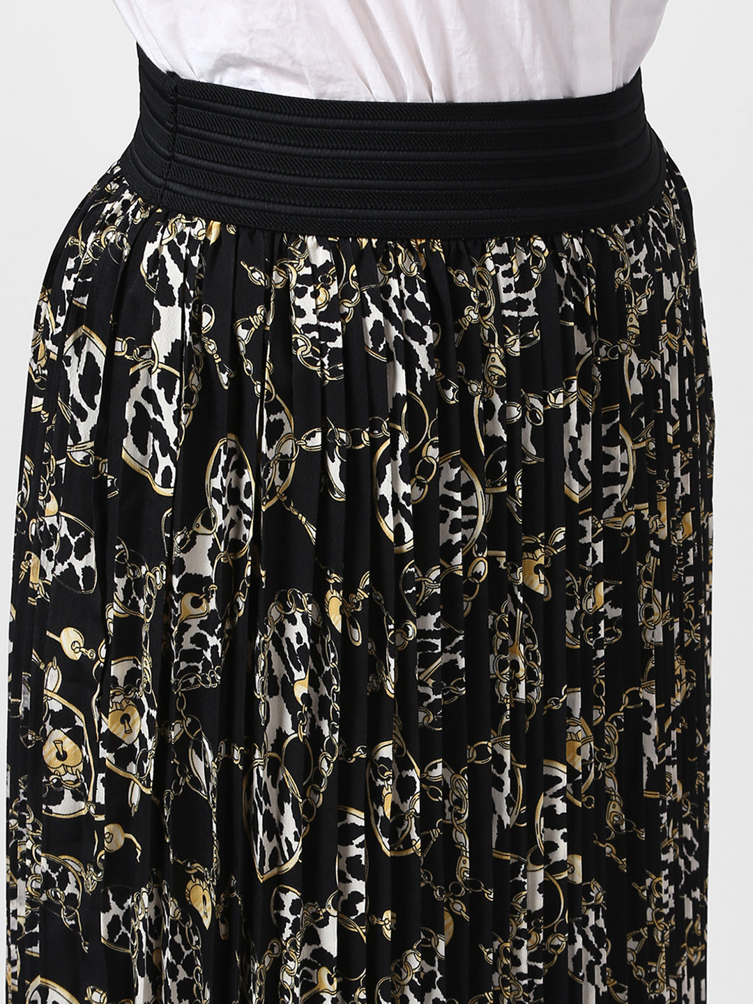Women's Black Chain Print Pleated Skirt