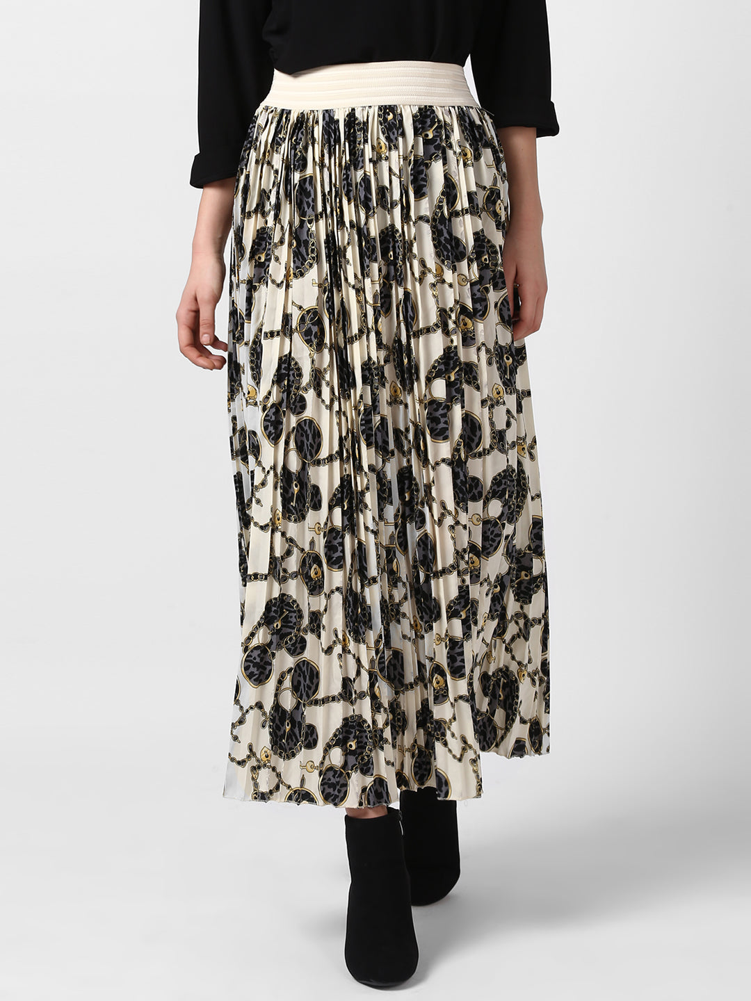 Women's Cream Chain Print Pleated Skirt