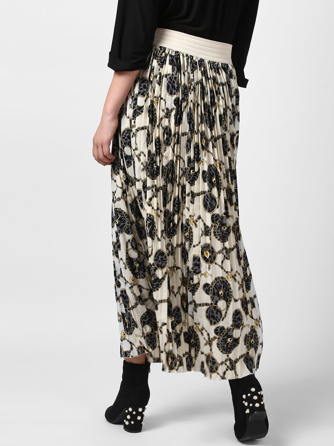 Women's Cream Chain Print Pleated Skirt
