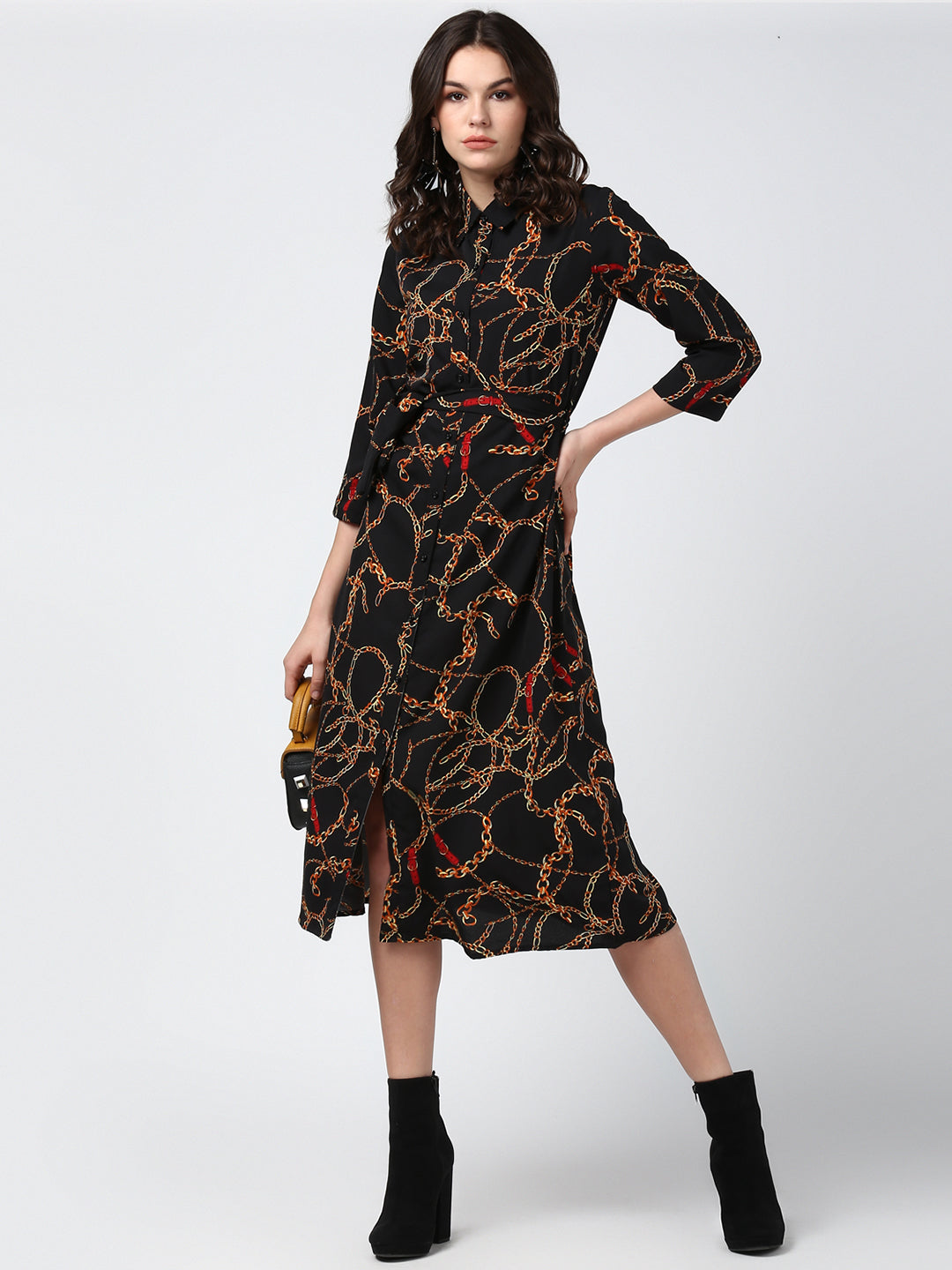 Women's Black and Yellow Chain Print Midi Dress