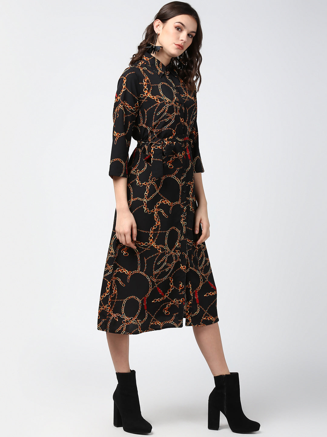 Women's Black and Yellow Chain Print Midi Dress