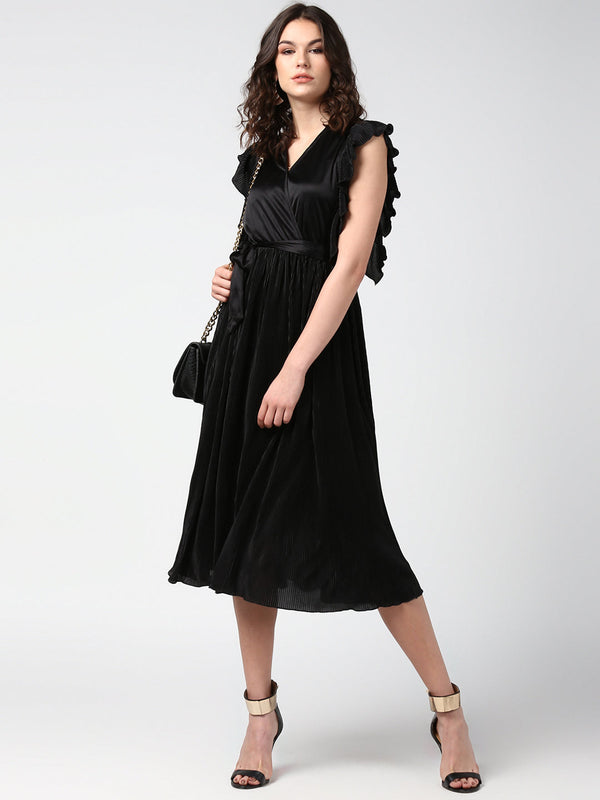 Women's Black Satin Pleating Evening Midi Dress