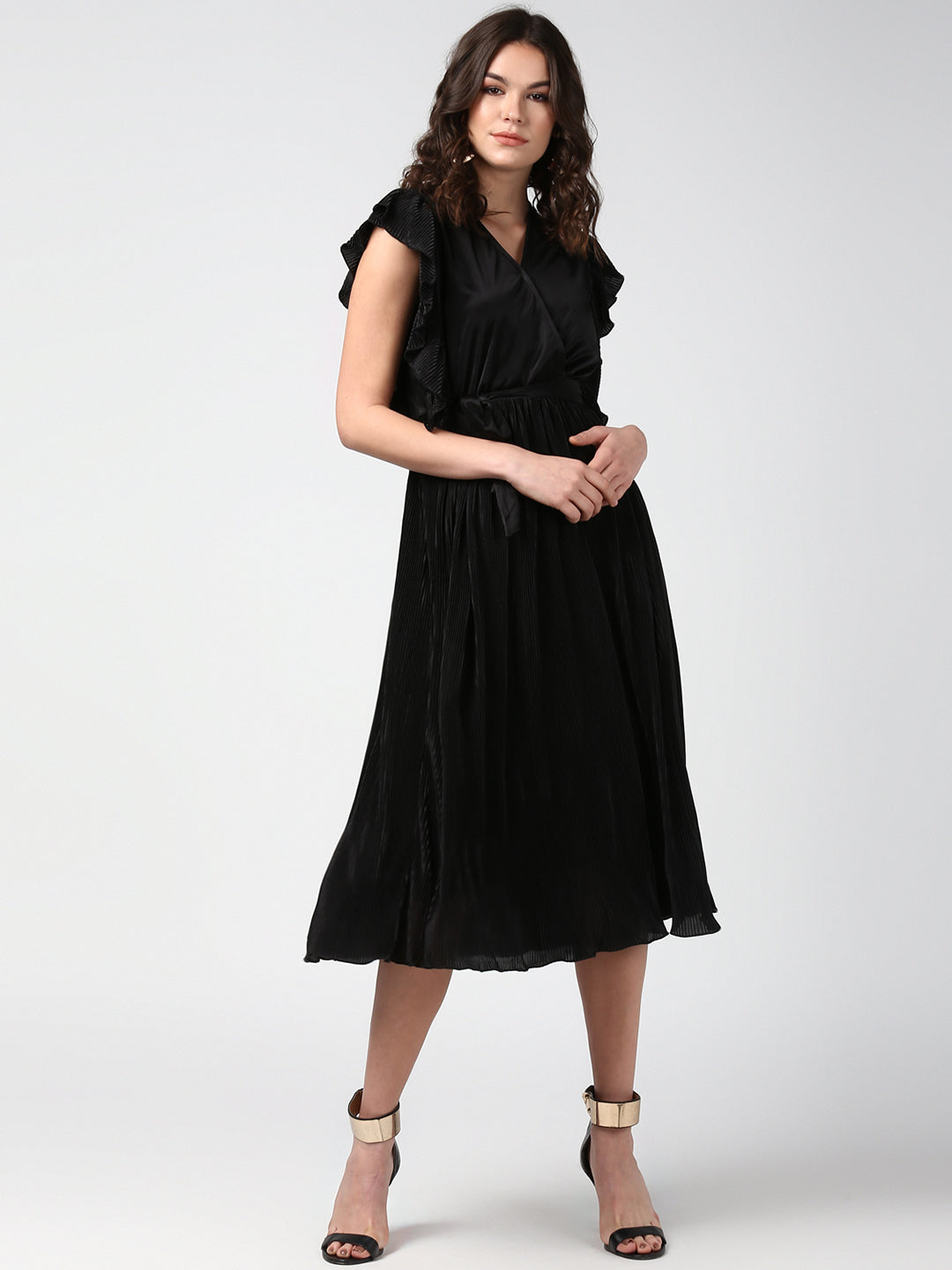 Women's Black Satin Pleating Evening Midi Dress