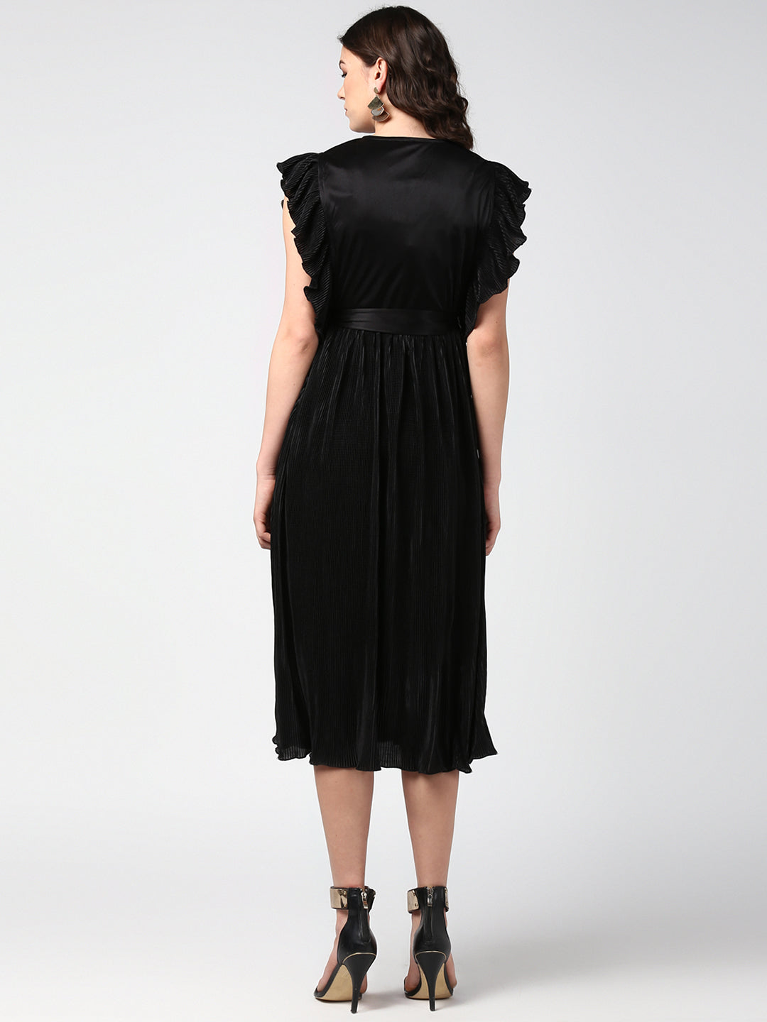 Women's Black Satin Pleating Evening Midi Dress