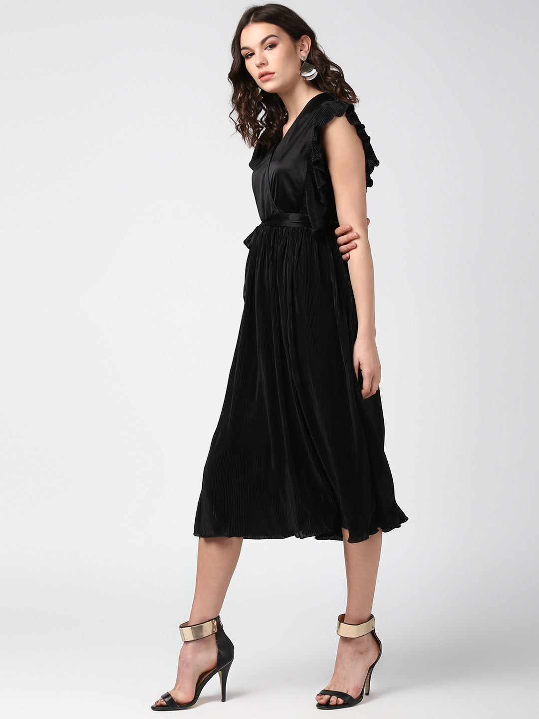 Women's Black Satin Pleating Evening Midi Dress