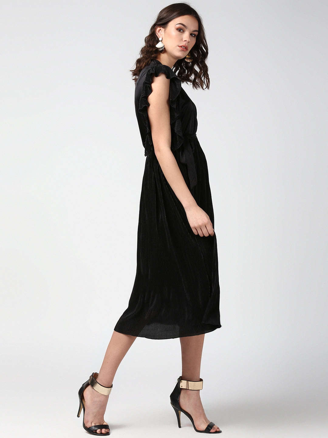 Women's Black Satin Pleating Evening Midi Dress