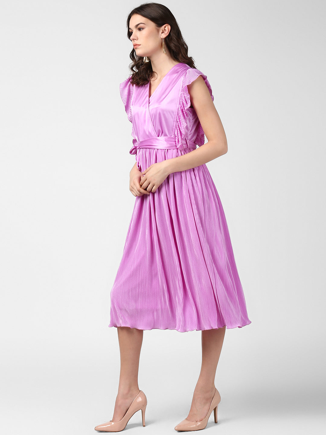 Women's Lavender Satin Pleating Evening Midi Dress