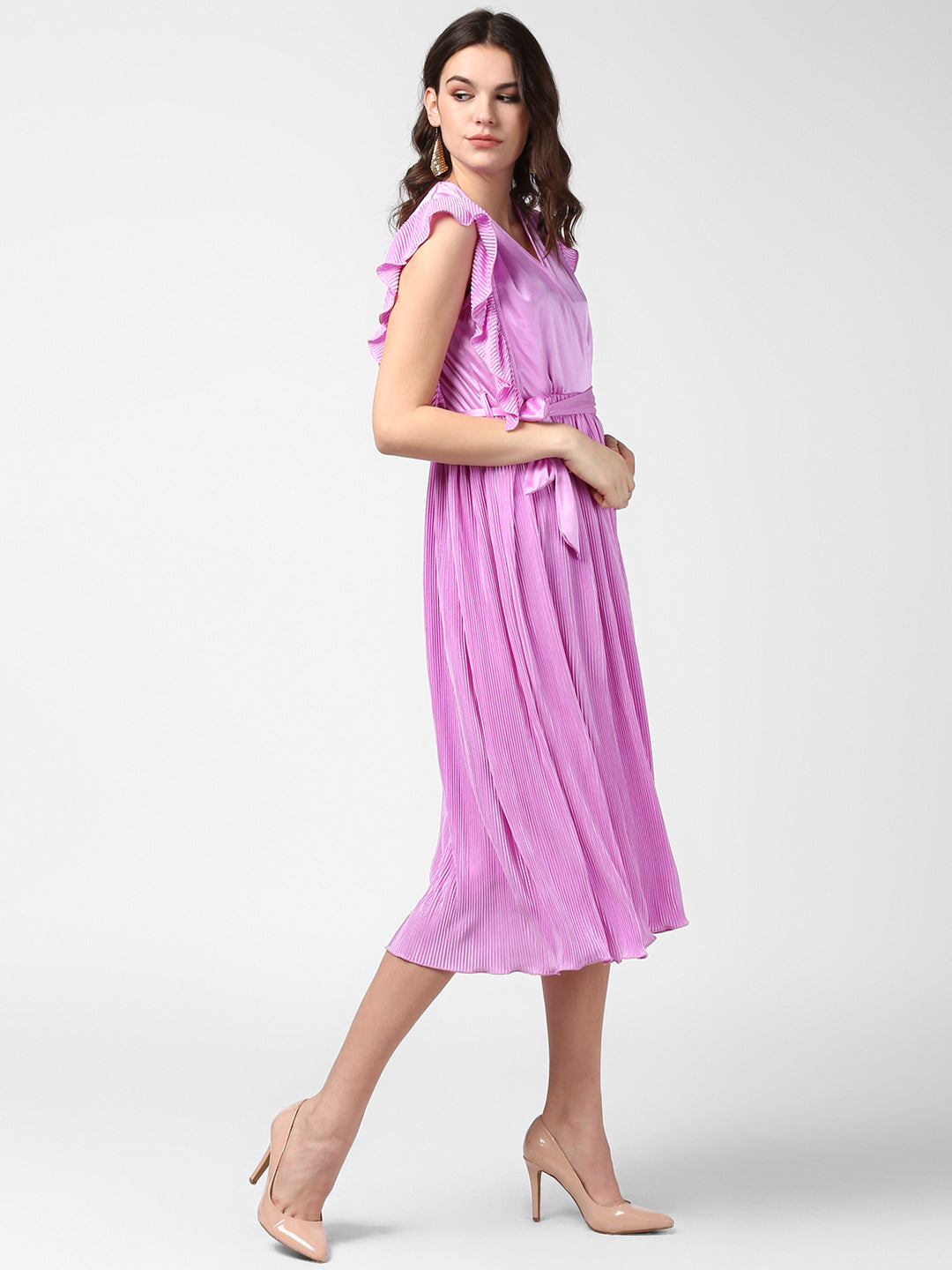 Women's Lavender Satin Pleating Evening Midi Dress