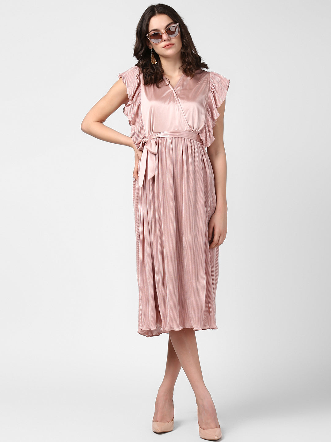 Women's Champagne Gold Satin Pleating Evening Midi Dress