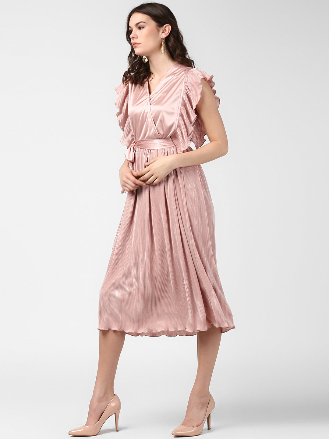 Women's Champagne Gold Satin Pleating Evening Midi Dress