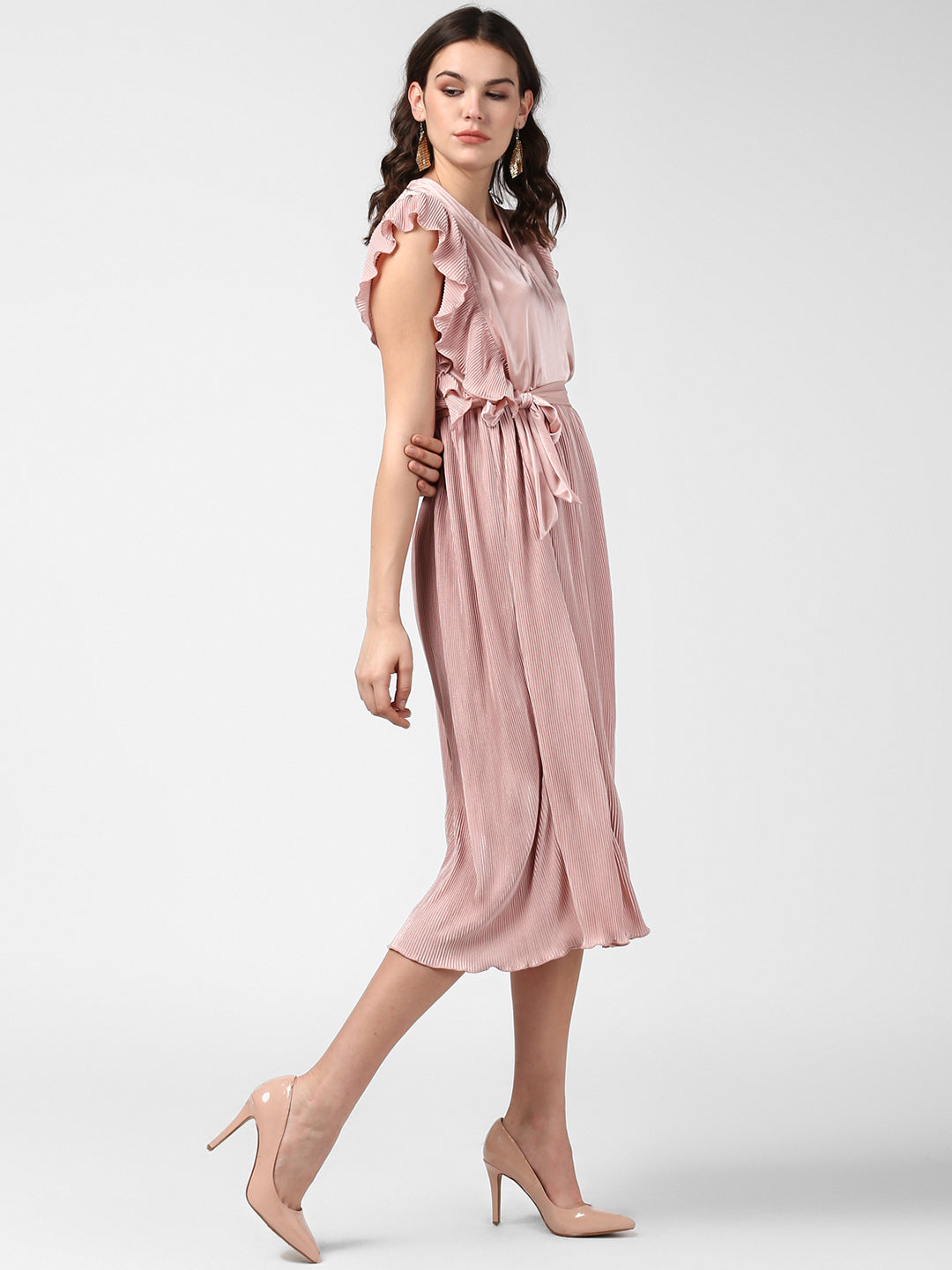 Women's Champagne Gold Satin Pleating Evening Midi Dress – Stylestone