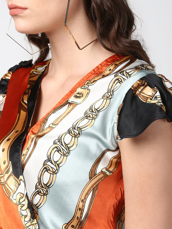 Women's Satin Multi Chain Print Maxi Dress with Belt