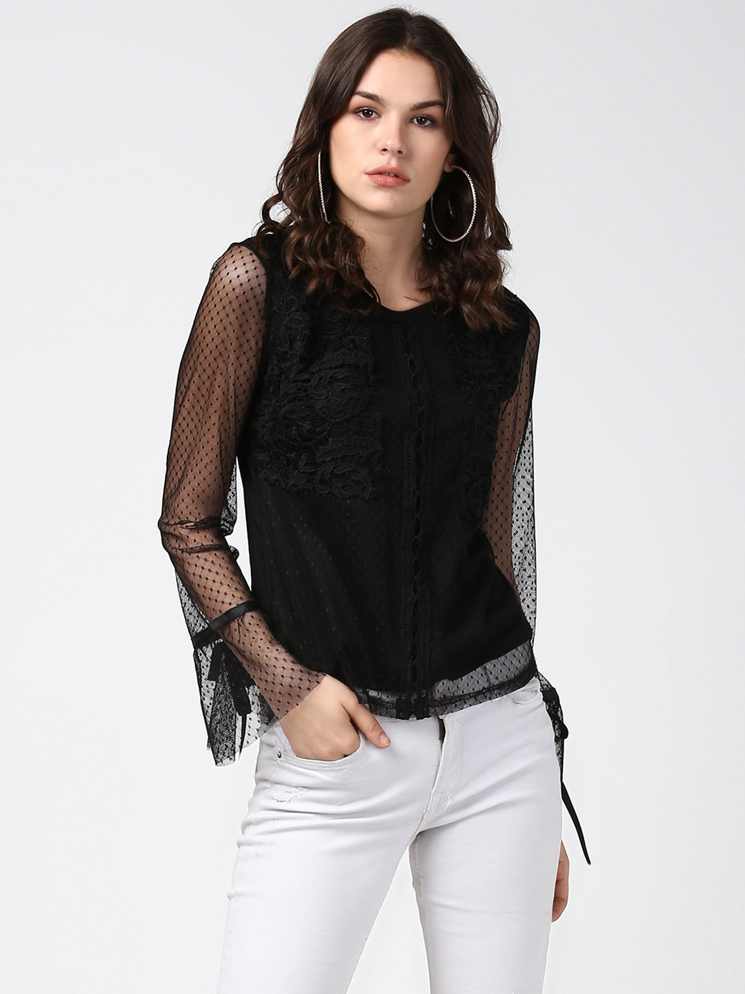 Women's Black Lace and Crochet Self Design Top