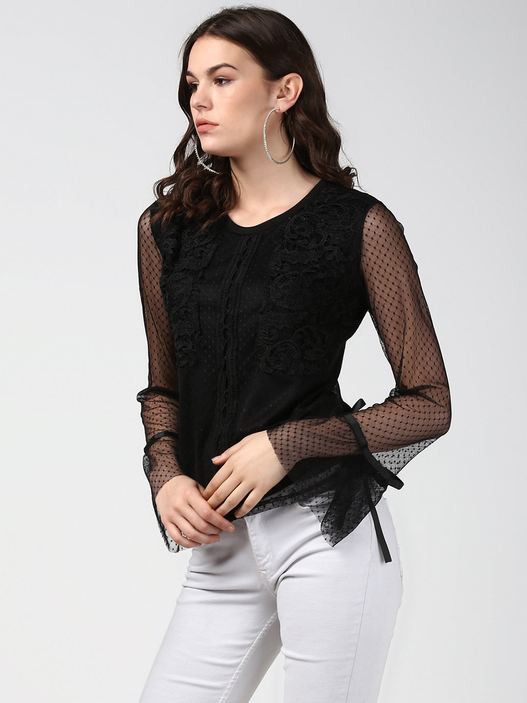 Women's Black Lace and Crochet Self Design Top